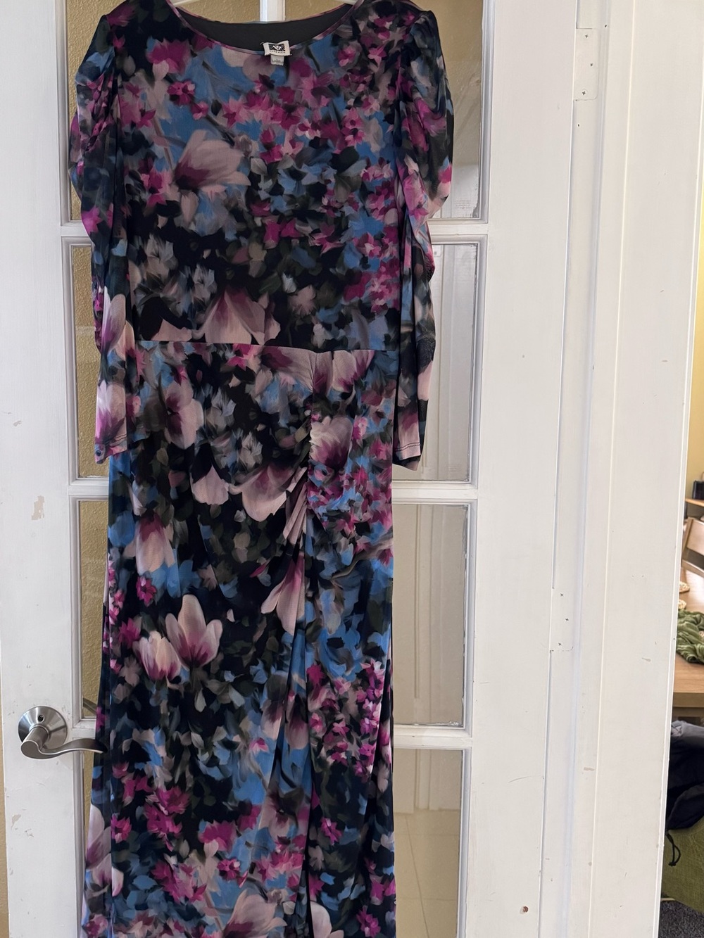 Anne Klein Black Floral Long Sleeve Maxi Dress with Pink & Blue Accents